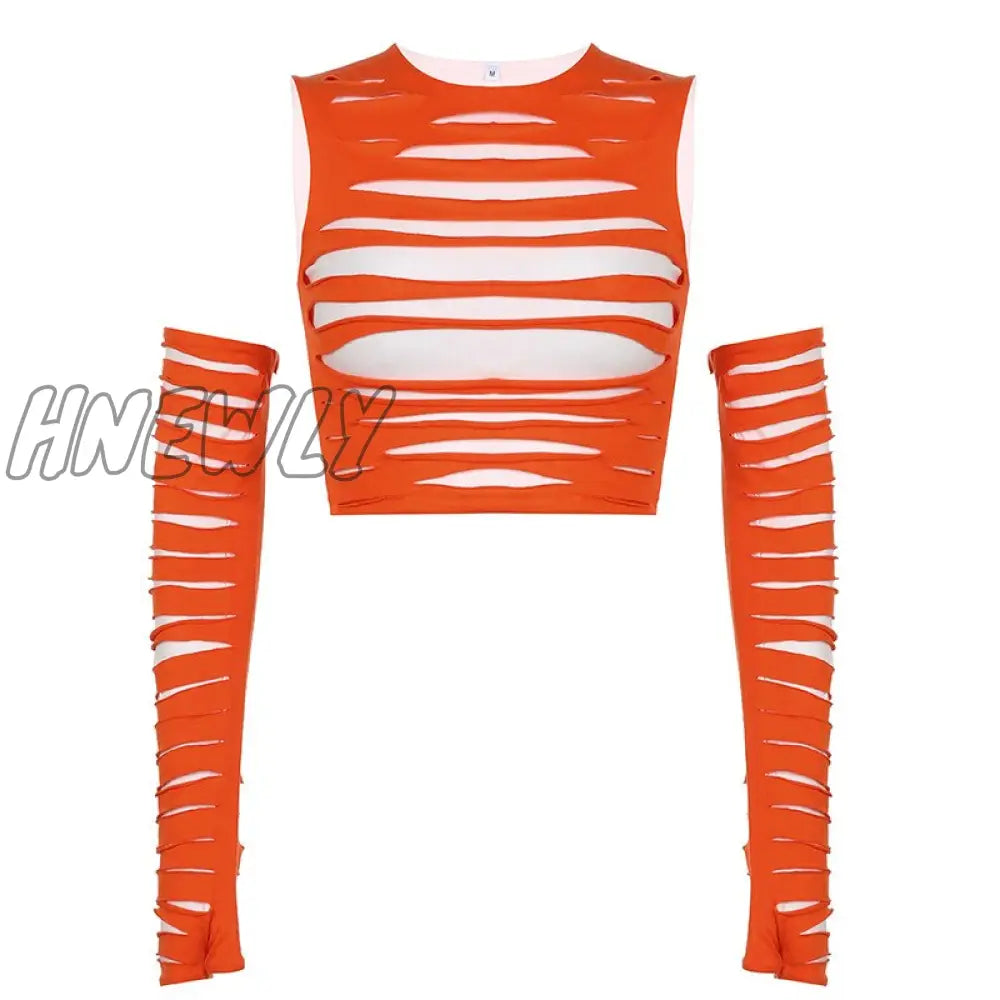 xsrrr Trendy Hole Cut Out Crop Top with Arm Sleeves Y2k Harajuku Streetwear Sexy T Shirts Women Orange Blue Swaggy Outfits