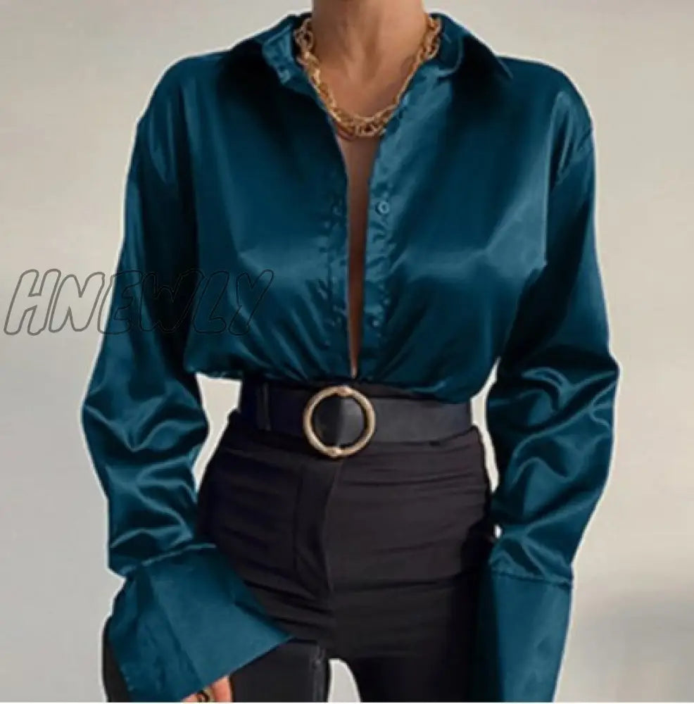 xsrrr Tunics Women's Blouses Autumn Oversize Shirt Elegant Lapel Satin Shirts Long Sleeve Buttons Basic Tops Sexy Solid Blusas