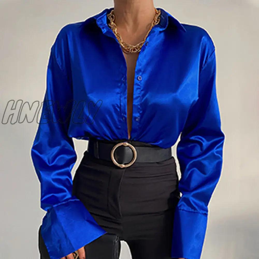 xsrrr Tunics Women's Blouses Autumn Oversize Shirt Elegant Lapel Satin Shirts Long Sleeve Buttons Basic Tops Sexy Solid Blusas