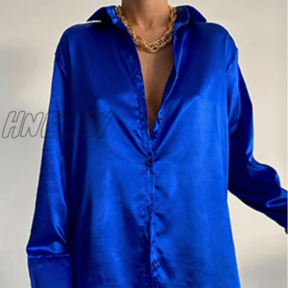 xsrrr Tunics Women's Blouses Autumn Oversize Shirt Elegant Lapel Satin Shirts Long Sleeve Buttons Basic Tops Sexy Solid Blusas