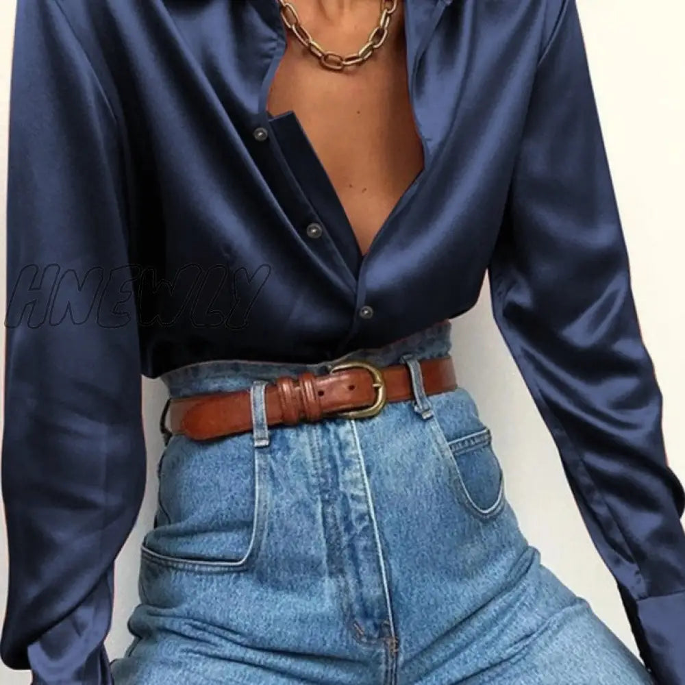 xsrrr Tunics Women's Blouses Autumn Oversize Shirt Elegant Lapel Satin Shirts Long Sleeve Buttons Basic Tops Sexy Solid Blusas