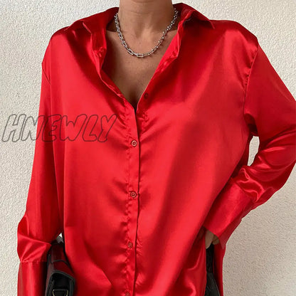 xsrrr Tunics Women's Blouses Autumn Oversize Shirt Elegant Lapel Satin Shirts Long Sleeve Buttons Basic Tops Sexy Solid Blusas