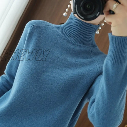 xsrrr Turtleneck Cashmere Sweaters Women Autumn Winter Solid Color Knitted Jumper Female Casual Long Sleeved Loose Bottoming Sweater