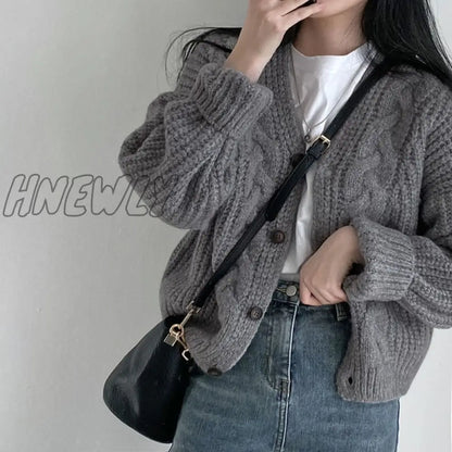 xsrrr Twisted Knitted Cardigan Women Lazy Style Loose Single Breasted Sweater Coat Ladies Winter Simple Casual V Neck Cardigans