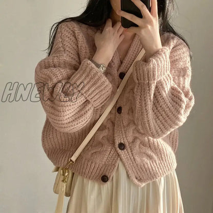 xsrrr Twisted Knitted Cardigan Women Lazy Style Loose Single Breasted Sweater Coat Ladies Winter Simple Casual V Neck Cardigans