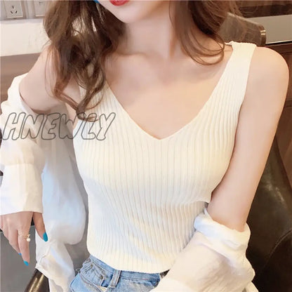 xsrrr V-neck Knitted Ice Silk Sleeveless Top Thin Vest Knit Sweater Women Sexy Slim Camisole Female Women Clothing Spring Summer Fall