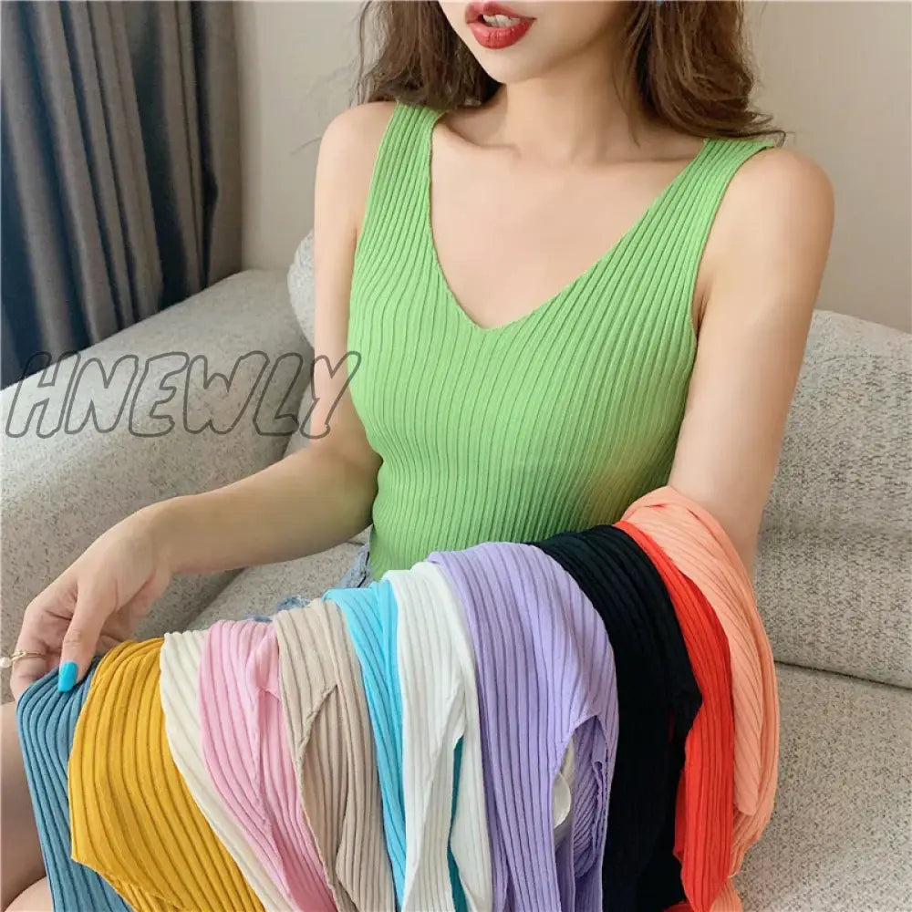 xsrrr V-neck Knitted Ice Silk Sleeveless Top Thin Vest Knit Sweater Women Sexy Slim Camisole Female Women Clothing Spring Summer Fall