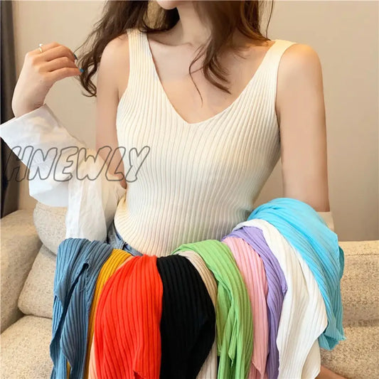 xsrrr V-neck Knitted Ice Silk Sleeveless Top Thin Vest Knit Sweater Women Sexy Slim Camisole Female Women Clothing Spring Summer Fall