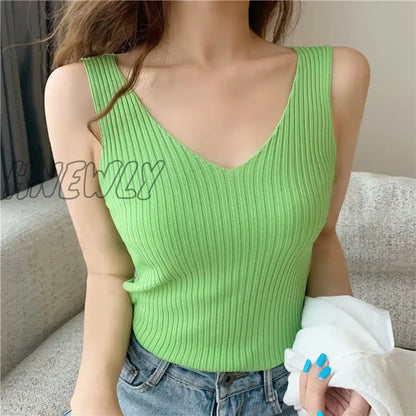 xsrrr V-neck Knitted Ice Silk Sleeveless Top Thin Vest Knit Sweater Women Sexy Slim Camisole Female Women Clothing Spring Summer Fall