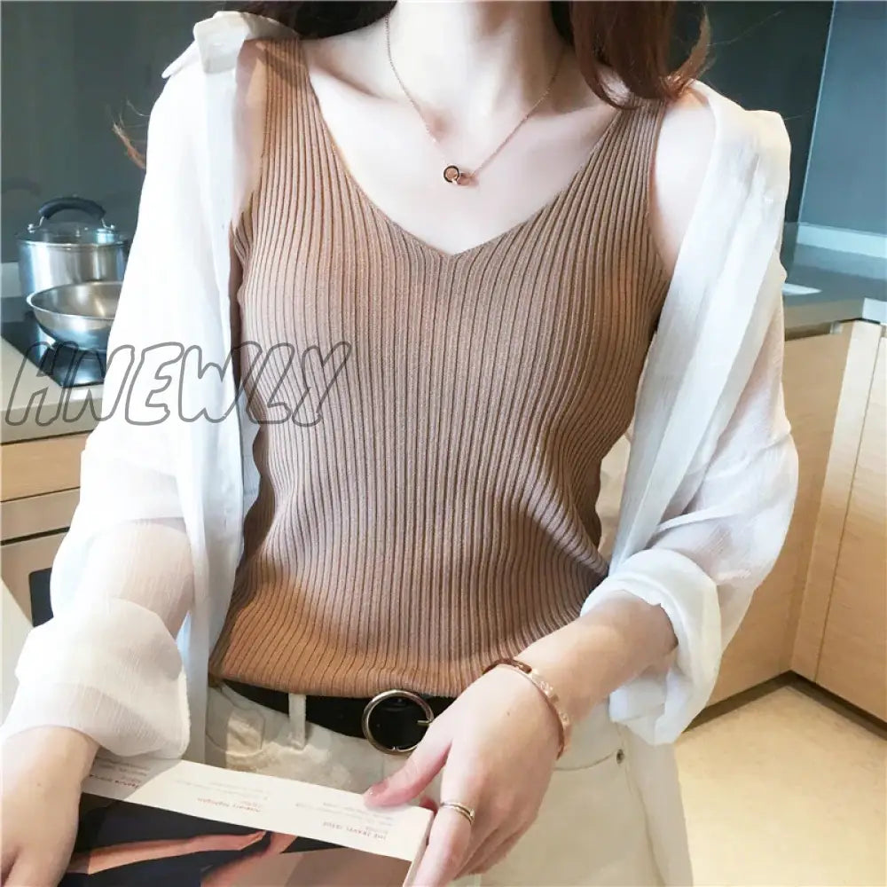 xsrrr V-neck Knitted Ice Silk Sleeveless Top Thin Vest Knit Sweater Women Sexy Slim Camisole Female Women Clothing Spring Summer Fall