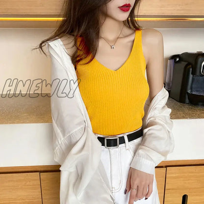 xsrrr V-neck Knitted Ice Silk Sleeveless Top Thin Vest Knit Sweater Women Sexy Slim Camisole Female Women Clothing Spring Summer Fall