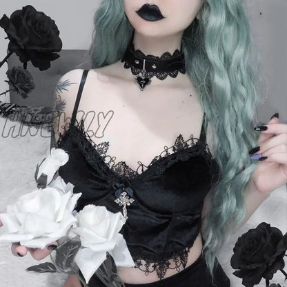 xsrrr Velvet Y2K Mall Goth Crop Tops  Black Lace Trim Emo Alternative Aesthetic Crop Tops Women Backless Sexy Strap Tanks