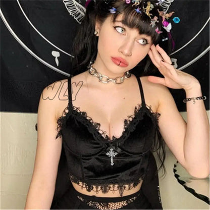 xsrrr Velvet Y2K Mall Goth Crop Tops  Black Lace Trim Emo Alternative Aesthetic Crop Tops Women Backless Sexy Strap Tanks