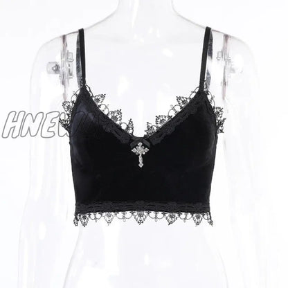 xsrrr Velvet Y2K Mall Goth Crop Tops  Black Lace Trim Emo Alternative Aesthetic Crop Tops Women Backless Sexy Strap Tanks