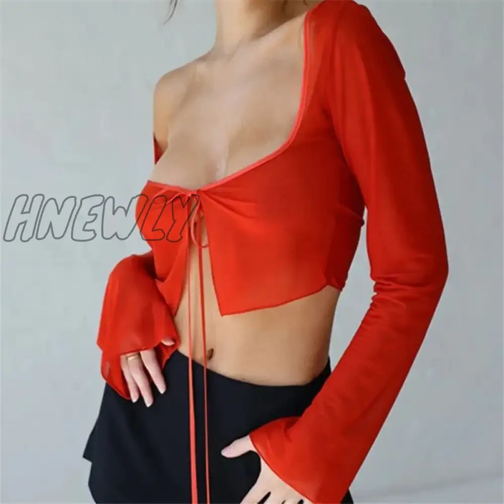 xsrrr Vintage Aesthetic Crop Top Summer Women Mesh Long Sleeve T Shirt Lace Up Bandage Clothes y2k Clothes Casual Grunge Tees