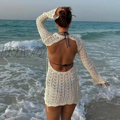 xsrrr Vintage Crochet Flower Hollow Out Dress Cover-Ups Chic Women Sexy Knit Backless Tie-up Mini Dress Summer Beach Holiday Bodycon