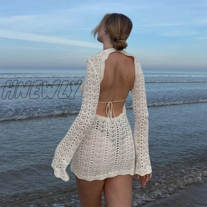 xsrrr Vintage Crochet Flower Hollow Out Dress Cover-Ups Chic Women Sexy Knit Backless Tie-up Mini Dress Summer Beach Holiday Bodycon