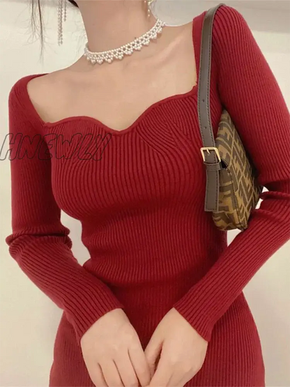 Hnewly Vintage Harajuku Slim Sweater Dress Women Autumn Winter Long Sleeve Bodycon Knitted Midi Dresses Party Evening Club Female