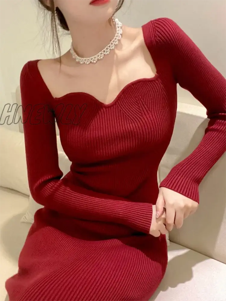 Hnewly Vintage Harajuku Slim Sweater Dress Women Autumn Winter Long Sleeve Bodycon Knitted Midi Dresses Party Evening Club Female