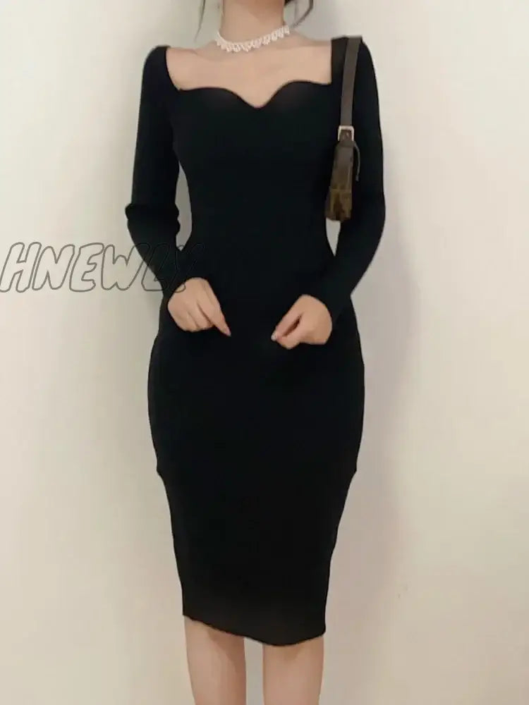 Hnewly Vintage Harajuku Slim Sweater Dress Women Autumn Winter Long Sleeve Bodycon Knitted Midi Dresses Party Evening Club Female