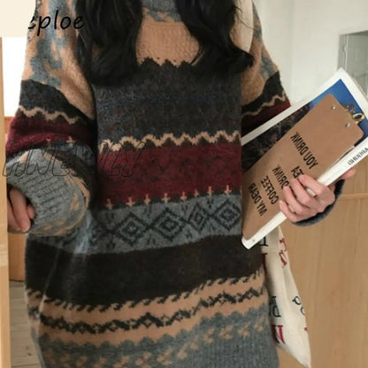 Hnewly Vintage Print Sweater Women O Neck Pullover Long Sleeve Pull Femme Autumn Winter New Loose Sueter Warm Outwear