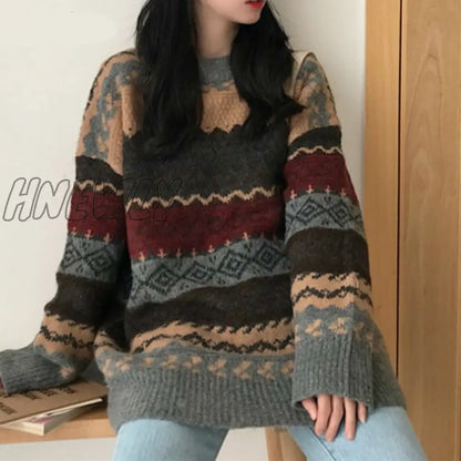 Hnewly Vintage Print Sweater Women O Neck Pullover Long Sleeve Pull Femme Autumn Winter New Loose Sueter Warm Outwear