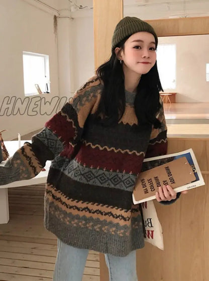 Hnewly Vintage Print Sweater Women O Neck Pullover Long Sleeve Pull Femme Autumn Winter New Loose Sueter Warm Outwear