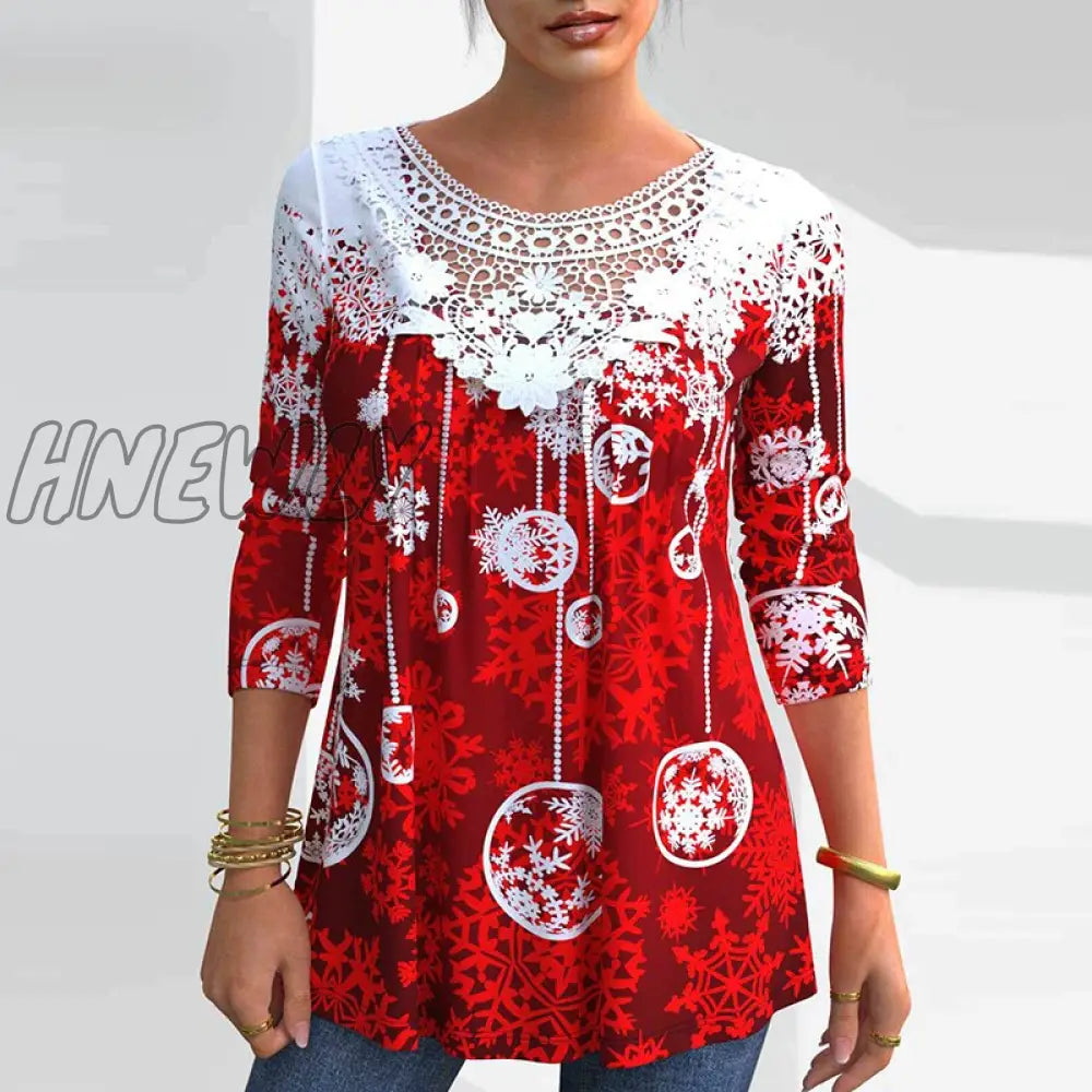 xsrrr Vintage Women Christmas Print Tees Spring Autumn Fashion O Neck Long Sleeve T-shirts Elegant Ladies Hollow Out Pullover Tops