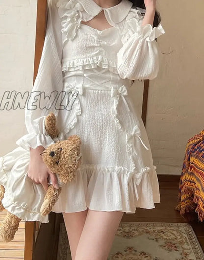 xsrrr White Korean Style Sweet Lolita Dress Women Bow Cute Kawaii Party Mini Dresses Female Japanese Princess Strap Dresse Summer