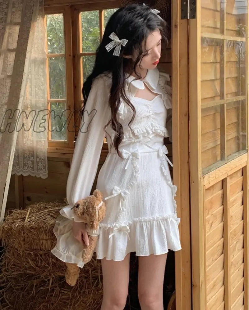 xsrrr White Korean Style Sweet Lolita Dress Women Bow Cute Kawaii Party Mini Dresses Female Japanese Princess Strap Dresse Summer