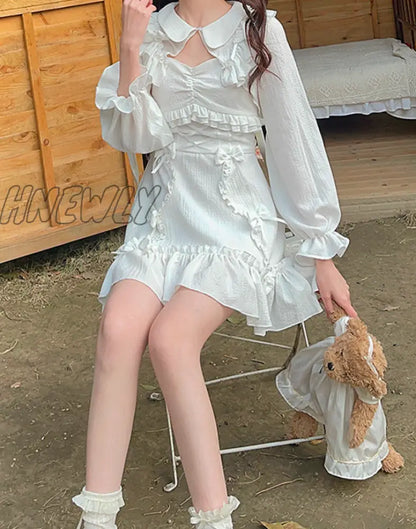 xsrrr White Korean Style Sweet Lolita Dress Women Bow Cute Kawaii Party Mini Dresses Female Japanese Princess Strap Dresse Summer