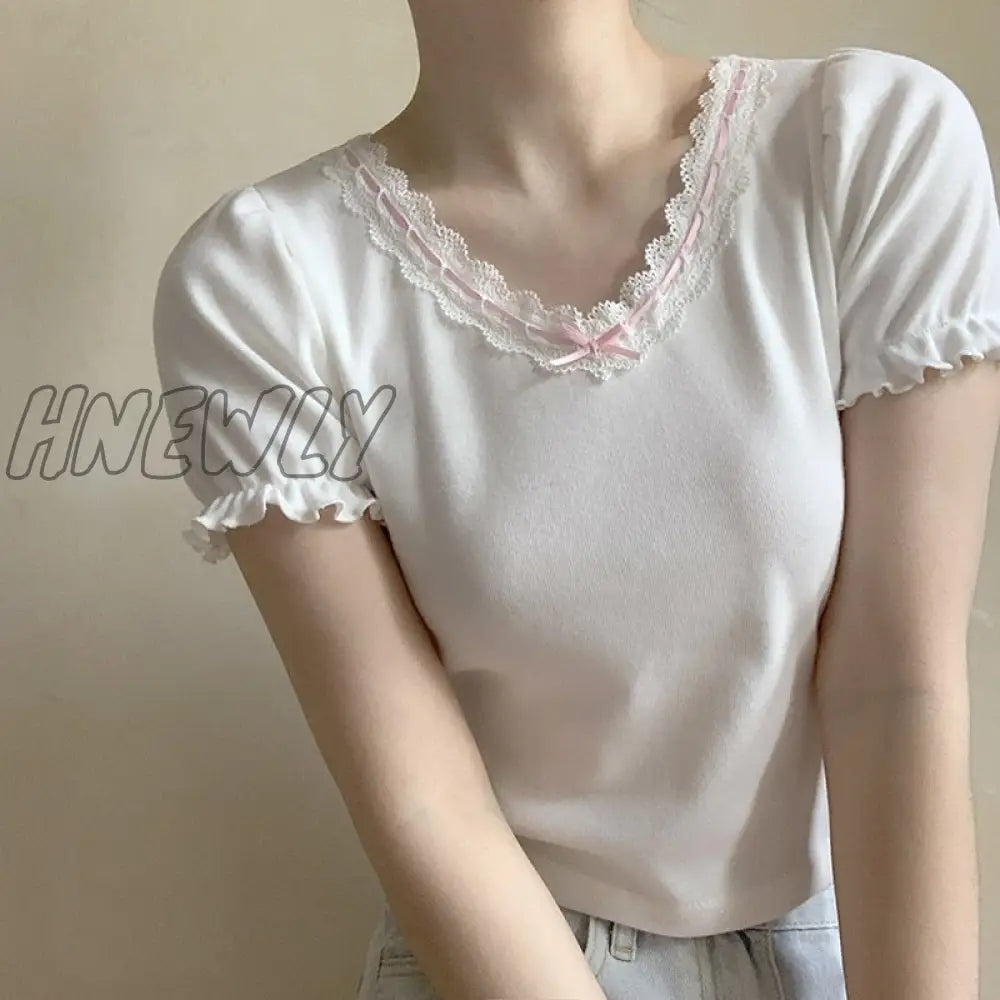 xsrrr White T-Shirt for Sweet Girl Ribbon Lace Trim V-Neck Bowknot Puff Sleeve Slim Cotton TShirt Kawaii Clothes Summer Tops