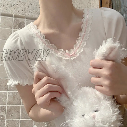 xsrrr White T-Shirt for Sweet Girl Ribbon Lace Trim V-Neck Bowknot Puff Sleeve Slim Cotton TShirt Kawaii Clothes Summer Tops