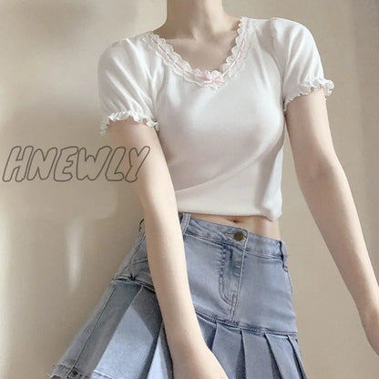 xsrrr White T-Shirt for Sweet Girl Ribbon Lace Trim V-Neck Bowknot Puff Sleeve Slim Cotton TShirt Kawaii Clothes Summer Tops