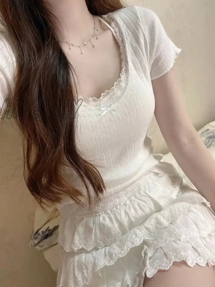 Hnewly White T Shirt  Women Summer Lace Trim Bow Short Sleeve Slim Tops Women Clothes