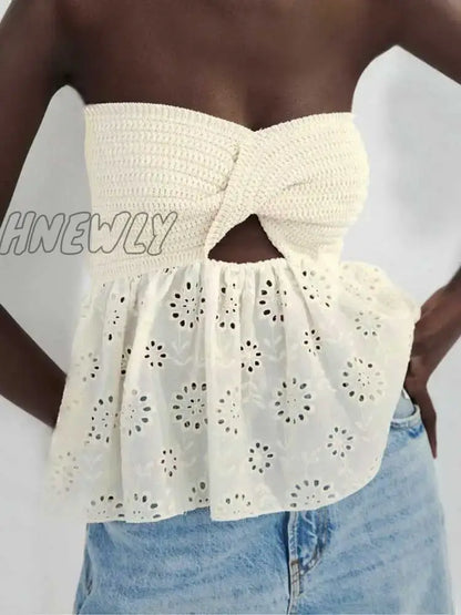 xsrrr White Tube Top Knit Twist Crop Top Women Elegant Lace Mesh Strapless Corset Top Korean Sexy Streetwear Cute Chiffon Blouse