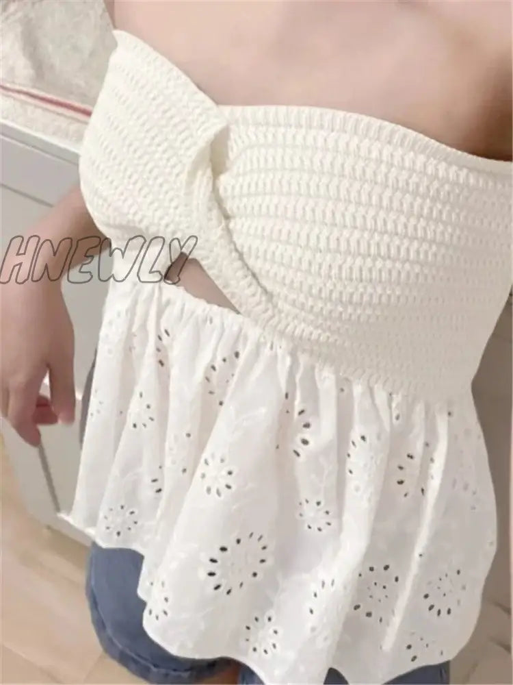 xsrrr White Tube Top Knit Twist Crop Top Women Elegant Lace Mesh Strapless Corset Top Korean Sexy Streetwear Cute Chiffon Blouse