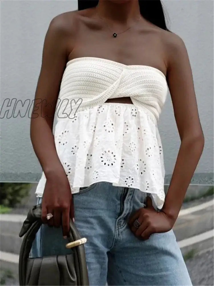 xsrrr White Tube Top Knit Twist Crop Top Women Elegant Lace Mesh Strapless Corset Top Korean Sexy Streetwear Cute Chiffon Blouse