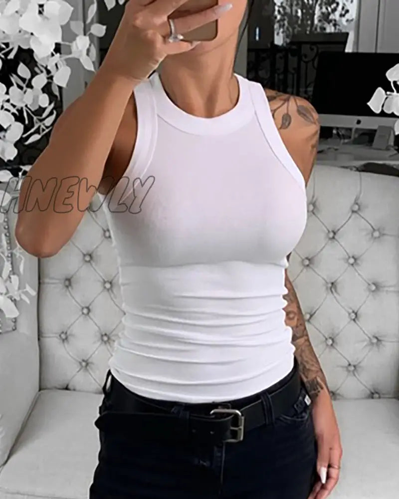 xsrrr White Women Tank Top Sexy Elastic Solid Ribbed O Neck Off Shouled Casual Summer Tank Tops Female Black Street Wear Trendy Summer Fits