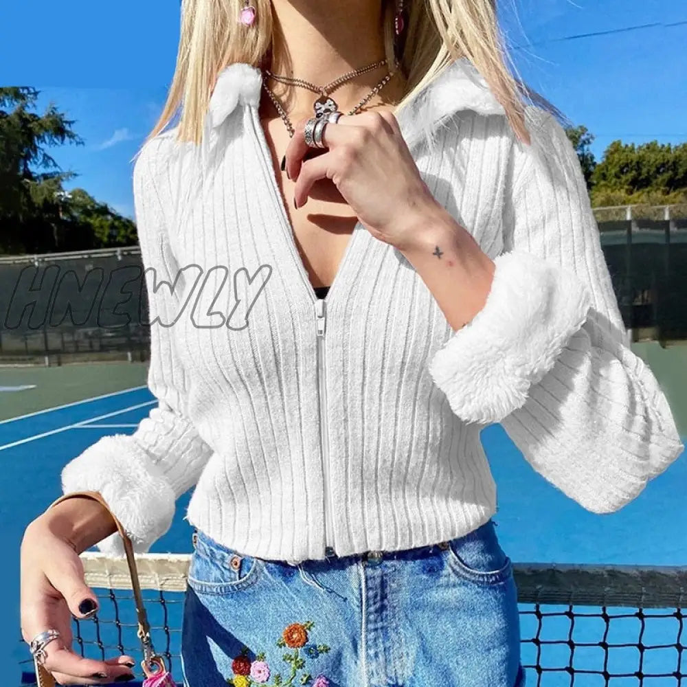 Hnewly Winter Knitted Top Women Y2K Fur Collar Tops Long Sleeve Chic Top Zipper Rib Crop Top Lace Up Sweater Tees Women's Clothing