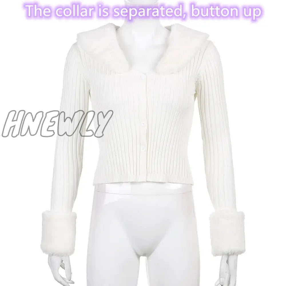 Hnewly Winter Knitted Top Women Y2K Fur Collar Tops Long Sleeve Chic Top Zipper Rib Crop Top Lace Up Sweater Tees Women's Clothing