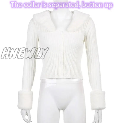 Hnewly Winter Knitted Top Women Y2K Fur Collar Tops Long Sleeve Chic Top Zipper Rib Crop Top Lace Up Sweater Tees Women's Clothing