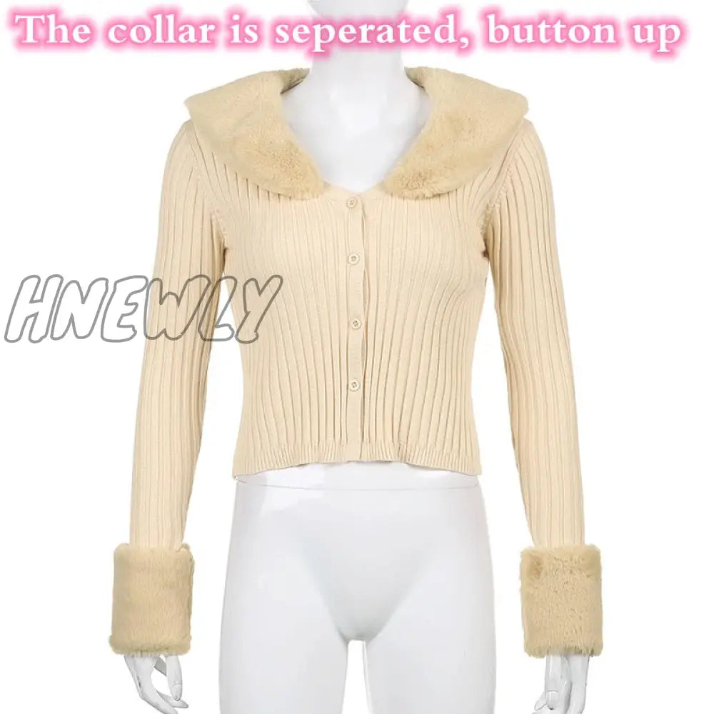 Hnewly Winter Knitted Top Women Y2K Fur Collar Tops Long Sleeve Chic Top Zipper Rib Crop Top Lace Up Sweater Tees Women's Clothing