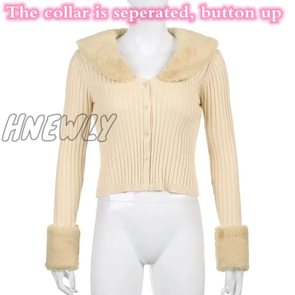 Hnewly Winter Knitted Top Women Y2K Fur Collar Tops Long Sleeve Chic Top Zipper Rib Crop Top Lace Up Sweater Tees Women's Clothing