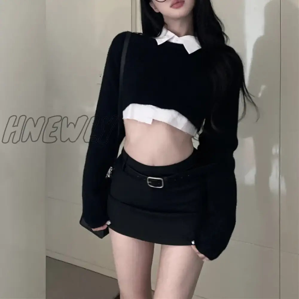 xsrrr Winter New High Street Fashion Black Knitted Long-sleeved Sweater Women + Casual Shirt +Sexy A-line Skirt Three Pieces Suit