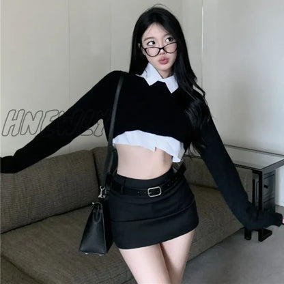 xsrrr Winter New High Street Fashion Black Knitted Long-sleeved Sweater Women + Casual Shirt +Sexy A-line Skirt Three Pieces Suit