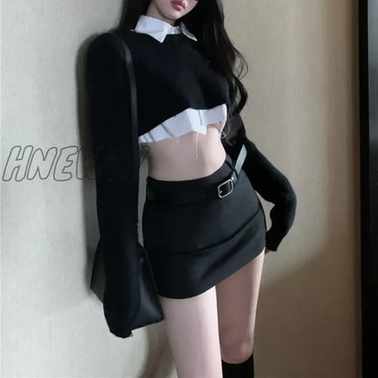 xsrrr Winter New High Street Fashion Black Knitted Long-sleeved Sweater Women + Casual Shirt +Sexy A-line Skirt Three Pieces Suit