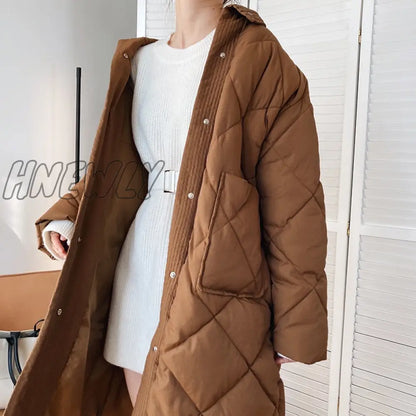 xsrrr Winter New Korean Style Long Cotton-padded Coat Women's Casual Stand-up Collar Argyle Pattern Oversized Parka Chic Jacket