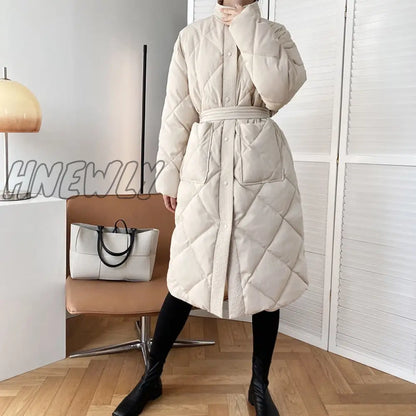 xsrrr Winter New Korean Style Long Cotton-padded Coat Women's Casual Stand-up Collar Argyle Pattern Oversized Parka Chic Jacket