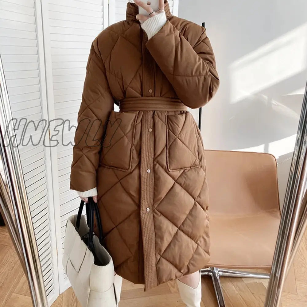 xsrrr Winter New Korean Style Long Cotton-padded Coat Women's Casual Stand-up Collar Argyle Pattern Oversized Parka Chic Jacket